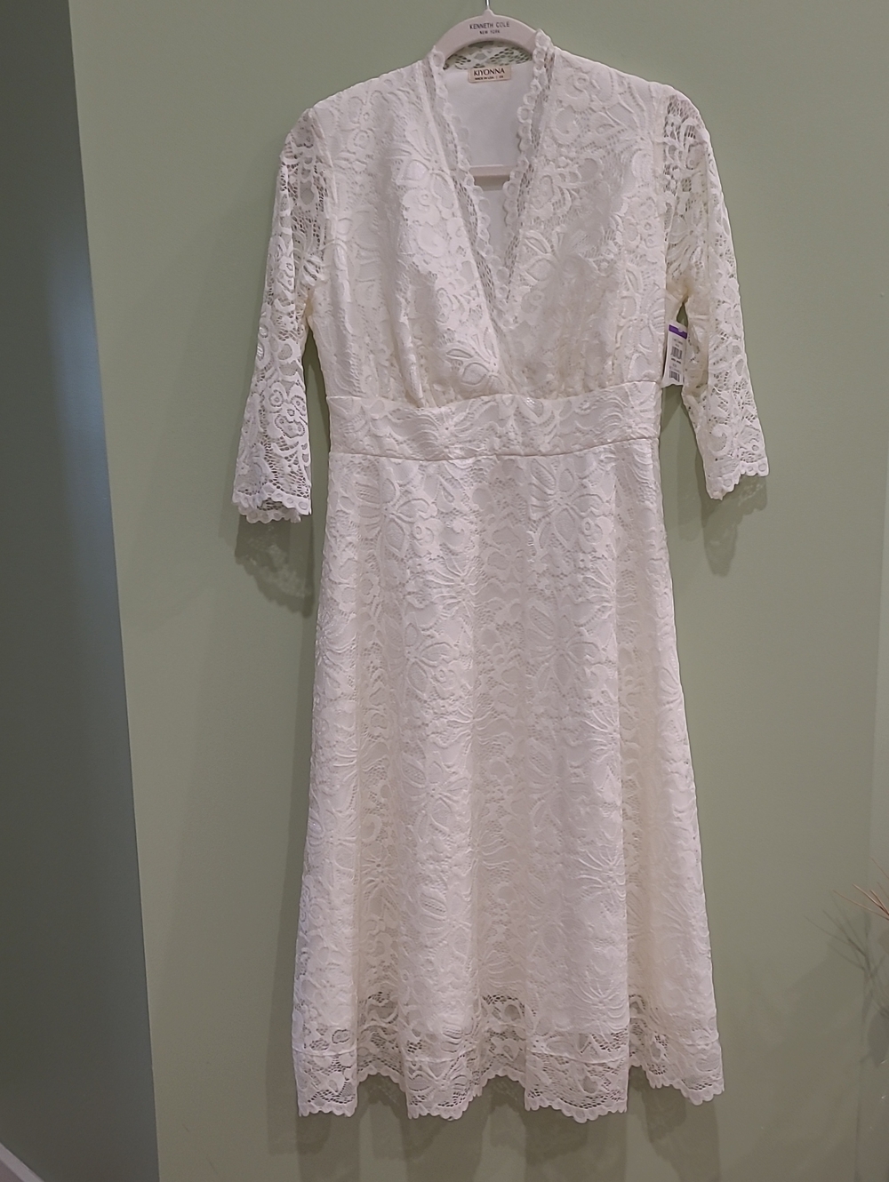 Kiyonna White Lace V-Neck Midi Dress with Three-Quarter Sleeves